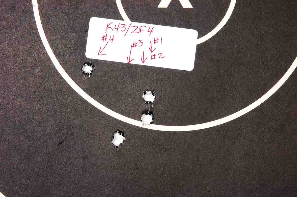 These four shots were fired with a K43 with a ZF4 scope. Rounds one and two were fired, then the scope was detached, reattached, and rounds three and four were fired. The original 1.5x ZF41 scope on Mike’s K98k was too dim for good shooting, so he replaced it with a replica from Accumounts.